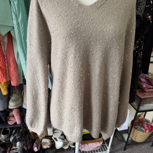 LOFT Beige V-Neck Sweater with Sparkle size 16/18 - Picture 4 of 7